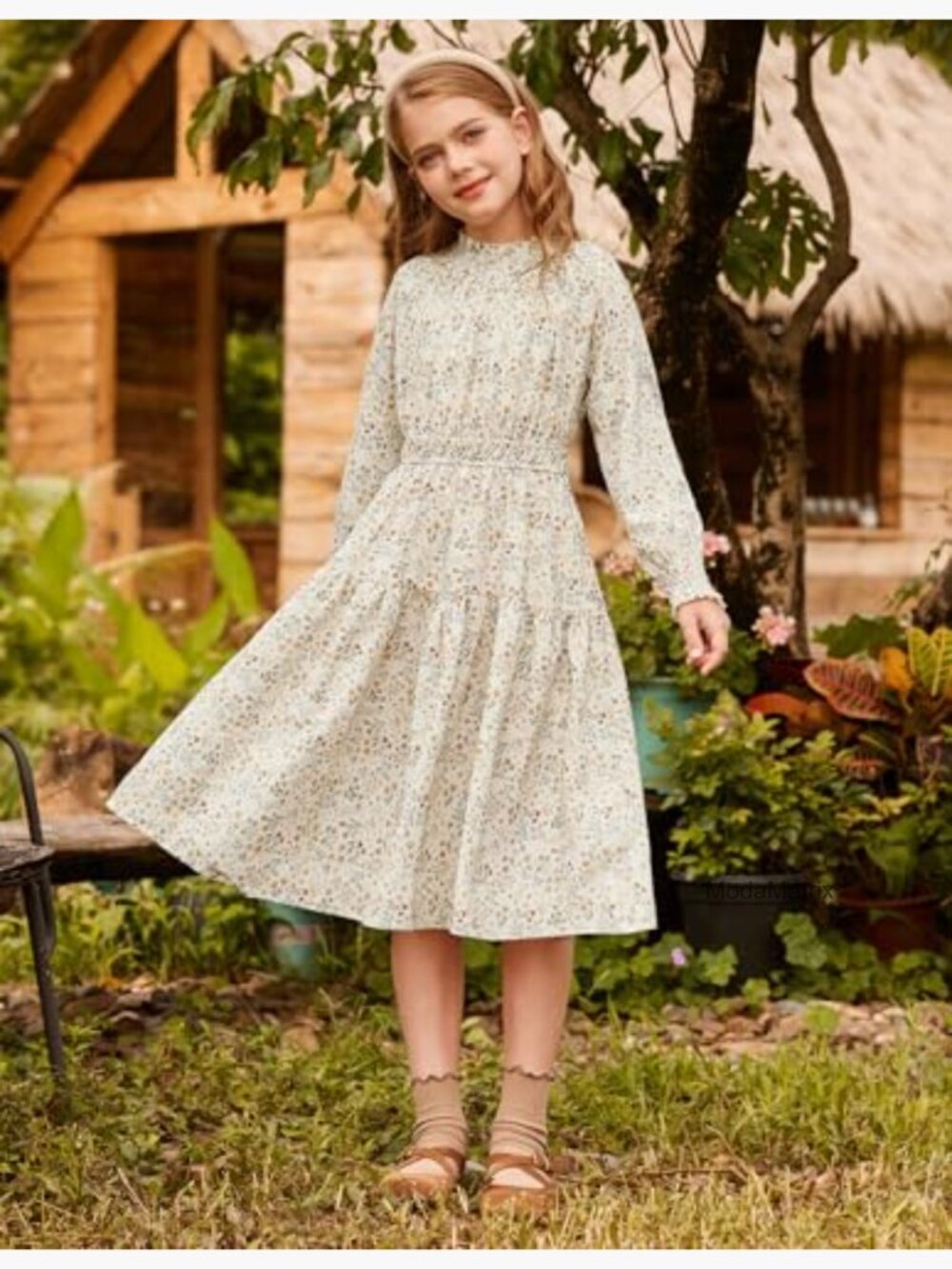 Girls Long Sleeve Floral Midi Dress High Waist Pockets - Picture 2 of 6